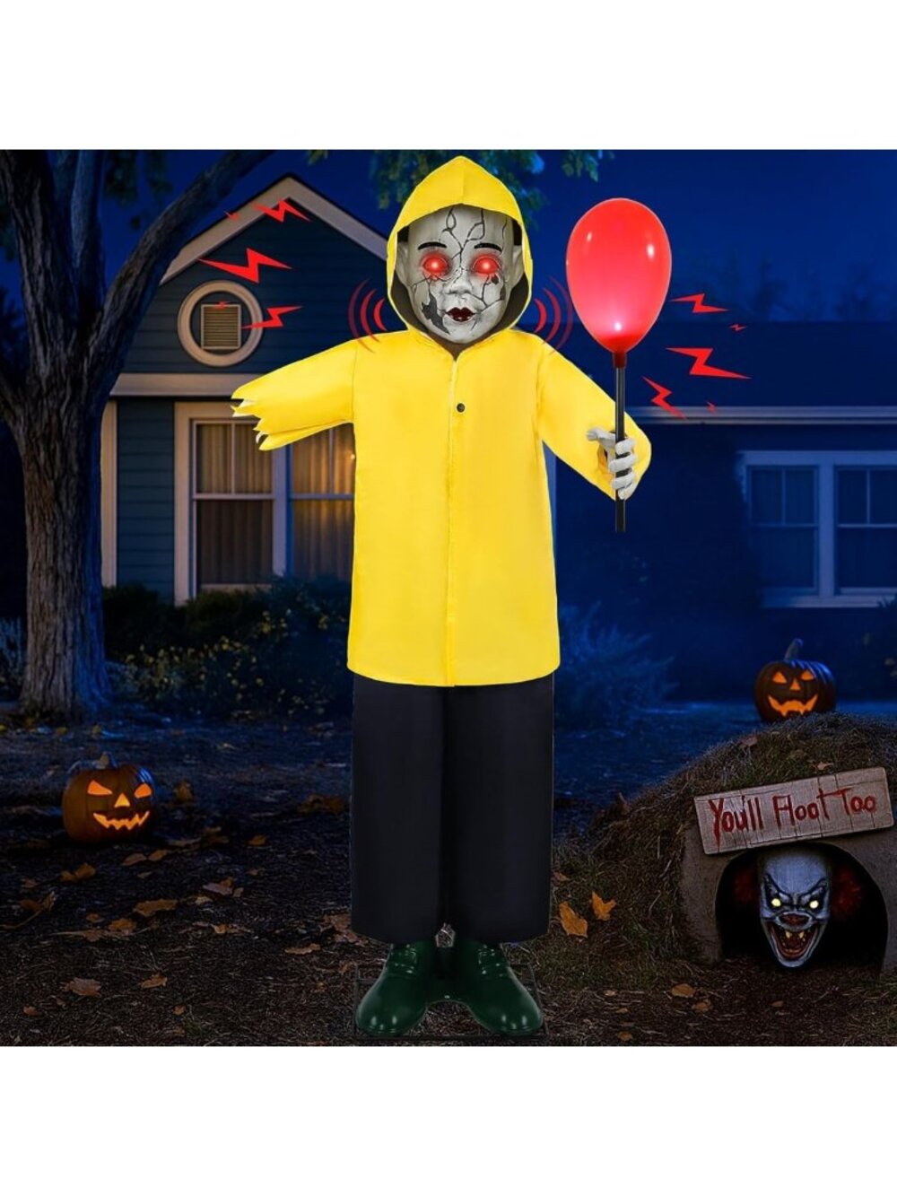 Life-Size Scary Boy Animatronic Prop with Glowing Red Balloon | Halloween Yard